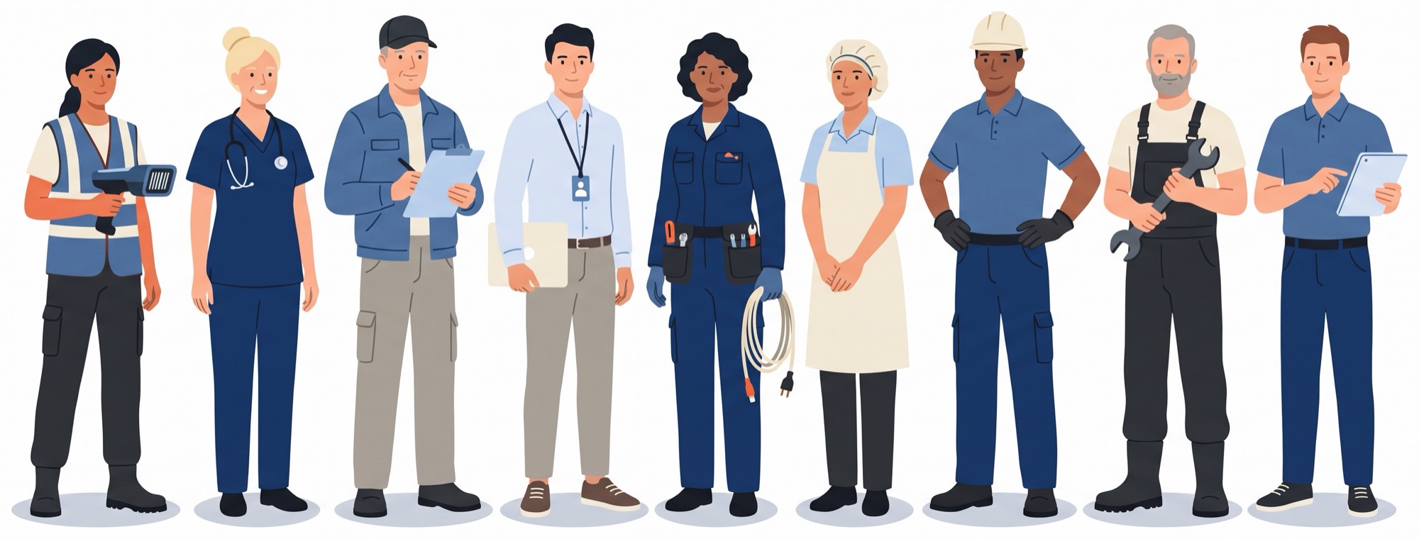 Illustration of nine workers standing in a row: a warehouse associate, a nurse, a driver, an IT technician, an electrician, a production operator, a forklift operator, a mechanic and a team lead